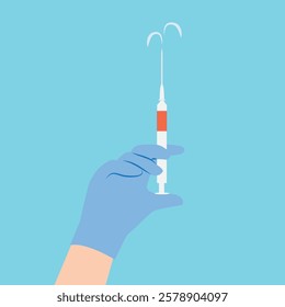 Making injection and vaccination concept. Hand of doctor in blue protective medical glove golding syringe before making vaccination or injection vector illustration