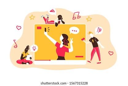 Making inspiring video content, media planning, e-learning, blogging concept. People watch vines, learn, inspire. Creative ideas. Social networks promotion. Vector flat illustration. 