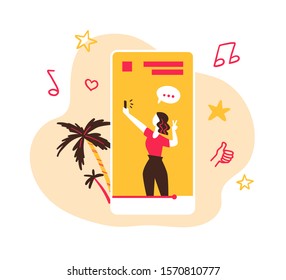 Making inspiring video content, media planning, blogging, broadcast concept. Young girl blogger streaming on smartphone screen. Creative ideas. Social networks promotion. Vector flat illustration. 