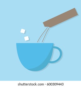 making instant coffee in coffee mug with powder coffee and sugar