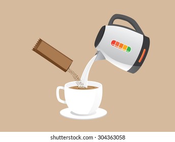 Making Instant Coffee With Pour Hot Water And Coffee Powder In A Cup At The Same Time.