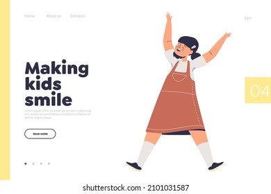 Making kids smile concept of landing page with funny girl kid cheerful jumping up. Happy preschool or schoolgirl child joyful excited. Cartoon flat vector illustration