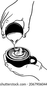 Making Latte art Barista pouring milk on coffee Hand Draw line art Illustration
