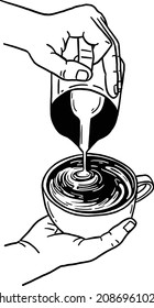 Making Latte art Barista pouring milk on Coffee Hand Draw line art Illustration