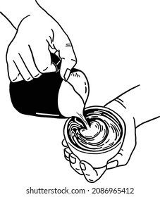 Making Latte Art Barista Pouring Milk On Coffee Hand Draw Line Art Illustration