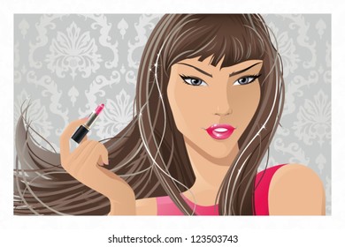 Making up lips/ The vector illustration of the Girl painting Lips