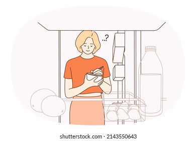 Making list of purchase concept. Smiling woman standing over open fridge and making notes with products to buy in supermarket vector illustration 