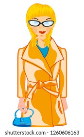 Making look younger beautiful girl in fashionable coat and hand-bag