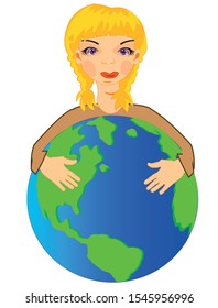 Making look younger girl embraces hand a planet land