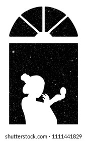 Making Makeup Near Window At Night. Vector Illustration With Silhouette Of Girl With Mirror Under Starry Sky. Inverted Black And White