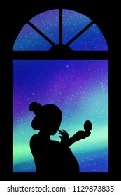 Making makeup near window at night. Vector illustration with silhouette of girl with mirror. Northern lights in starry sky. Colorful aurora borealis
