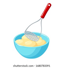 Making mashed potatoes: masher and bowl of potato tubers. Vector illustration cartoon flat icon isolated on white background.