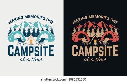 making memories one campsite at a time with campfire, mountain, vector modern logos of camping theme, suitable for apparel, mug, t-shirt design and many others, vector illustration