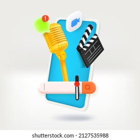 Making mobile multimedia project concept with clap, microphone, volume tab, chat cloud and camera icon. 3d vector illustration