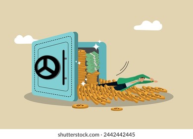 Making money, achieving infinite wealth, mobile banking, money and alternative reserves stored, Alternative financial assets, crypto currency bitcoin, A businessman swims in money