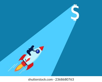 Making money. Businesswoman drives a rocket towards the shining money gate