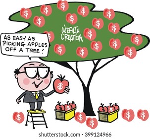 Making money cartoon with business man picking apples from tree