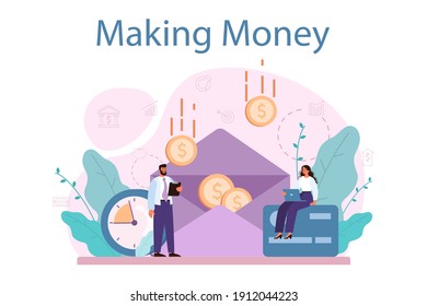 Making money concept. Idea of business development and investment. Commerce activity progress and profit incomes. Vector illustration in cartoon style
