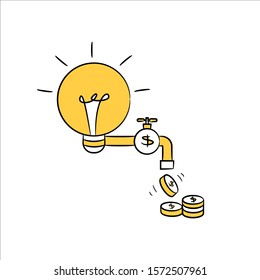 Making money from creative idea light bulb faucet yellow hand drawn
