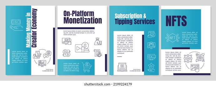 Making money in creator economy blue brochure template. Leaflet design with linear icons. Editable 4 vector layouts for presentation, annual reports. Anton, Lato-Regular fonts used