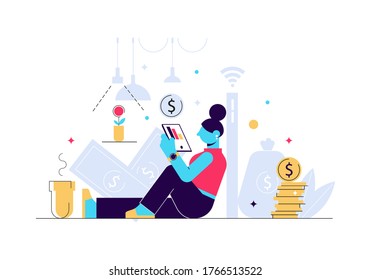 Making money and earning. Freelance, online job or business. Home office concept, woman working from home with ipad. Trendy flat vector illustration.