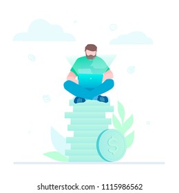 Making money - flat design style colorful illustration on white background. A composition with a businessman, office worker sitting on a big pile of coins, working at the computer, laptop