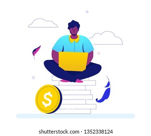 Making money - flat design style colorful illustration on white background. A bright composition with a businessman, office worker sitting on a big pile of coins, working at the computer, laptop