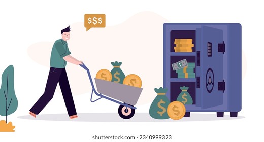 Making money. Happy businessman pull cart with golden coins to safe. Profitable and secure deposit. Successful manager or male trader with profit or salary. Retirement savings. vector illustration
