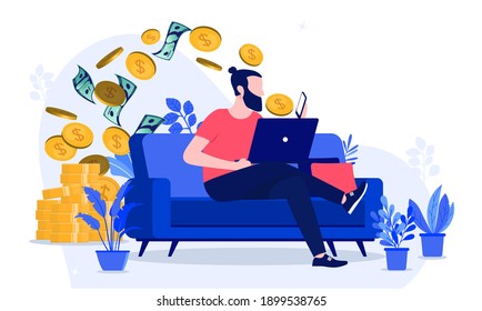 Haciendo dinero desde casa - Hombre trabajando en línea para ganar dinero, sentado en un sofá con smartphone y laptop. Ilustración vectorial.