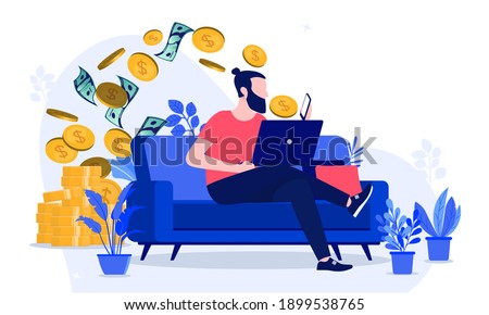 Making money from home - Man working online to earn cash, sitting on sofa with smartphone and laptop. Vector illustration.