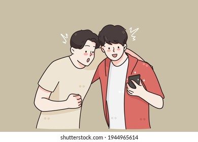 Making money in internet, betting concept. Two happy excited fan friends standing in euphoria mood after winning in bet with smartphone in hand vector illustration 