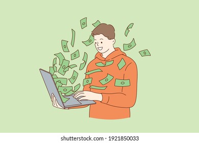 Making money in internet concept. Smiling young man cartoon character standing winning plenty of money in social media on laptop feeling happy vector illustration 