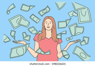 Making money, investment opportunity, banknote concept. Happy woman celebrates success standing under money rain banknotes cash falling.