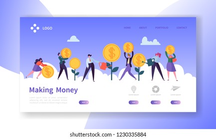 Making Money Landing Page. Business Investment Banner with Flat People Characters Saving Money Website Template. Easy Edit and Customize. Vector illustration