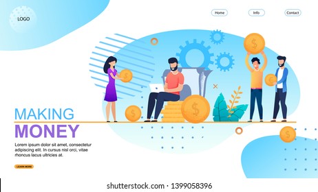 Making Money Landing Page Flat Metaphor Template. BusinessPeople, Freelancers, Brokers or Traders Hold Coins. Man Works on Laptop Sitting on Gold Money Stack. Business and Finance. Vector Illustration