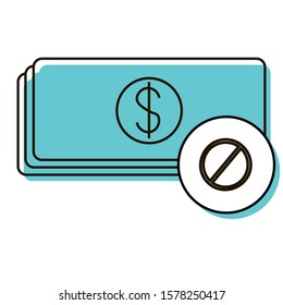 Making money is not allowed. Money is not accepted. Payment is not permitted. Cash is prohibited. Design element. Vector illustration. Icon with shadow isolated on white background.