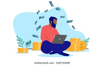 Making Money On Computer - Black Ethnic Man Sitting With Laptop On Floor Making Income Online. Flat Design Vector Illustration With White Background