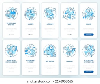 Making money on crypto blue onboarding mobile app screen set. Walkthrough 5 steps editable graphic instructions with linear concepts. UI, UX, GUI template. Myriad Pro-Bold, Regular fonts used