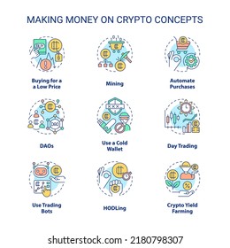 Making money on crypto concept icons set. Cryptocurrency mining. Digital finance idea thin line color illustrations. Isolated symbols. Editable stroke. Roboto-Medium, Myriad Pro-Bold fonts used