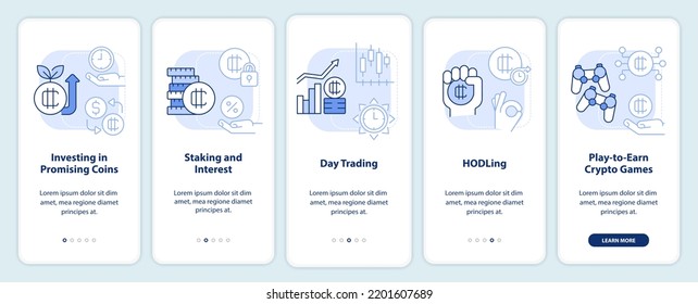 Making money on crypto light blue onboarding mobile app screen. Walkthrough 5 steps editable graphic instructions with linear concepts. UI, UX, GUI template. Myriad Pro-Bold, Regular fonts used