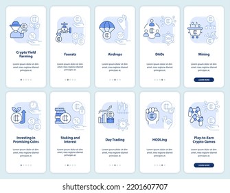 Making money on crypto light blue onboarding mobile app screen set. Walkthrough 5 steps editable graphic instructions with linear concepts. UI, UX, GUI template. Myriad Pro-Bold, Regular fonts used