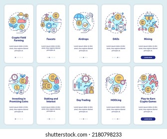 Making money on crypto onboarding mobile app screen set. Blockchain walkthrough 5 steps editable graphic instructions with linear concepts. UI, UX, GUI template. Myriad Pro-Bold, Regular fonts used