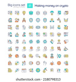 Making money on crypto RGB color icons set. Cryptocurrency stock market. Isolated vector illustrations. Simple filled line drawings collection. Editable stroke. Quicksand-Light font used