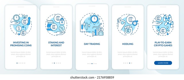 Making money on cryptocurrency blue onboarding mobile app screen. Walkthrough 5 steps editable graphic instructions with linear concepts. UI, UX, GUI template. Myriad Pro-Bold, Regular fonts used