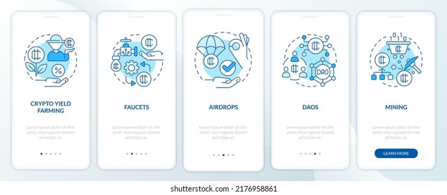 Making money on cryptocurrency blue onboarding mobile app screen. Walkthrough 5 steps editable graphic instructions with linear concepts. UI, UX, GUI template. Myriad Pro-Bold, Regular fonts used