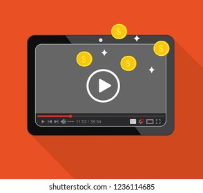 Making money on video content. Concept of monetization of the video. Vector stock illustration.