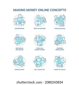 Making money online blue concept icons set. Digital entrepreneurship idea thin line color illustrations. Become influencer. Sell own stuff. Vector isolated outline drawings. Editable stroke