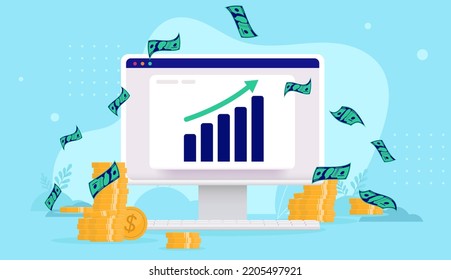 Making money online - Computer with chart and green arrow pointing up towards financial growth and success. Vector illustration