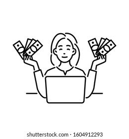 Making money online concept. Flat illustration of cheerful young woman using laptop computer and holding a lot of money. Hand drawn cartoon character vector design isolated on white background.
