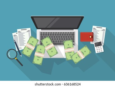 Making money online and cost control concept. Flat style with long shadow